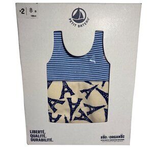 Petit Bateau Organic Cotton Tank Tops Boy Size 8 Yrs Blue Striped & Eiffel Tower